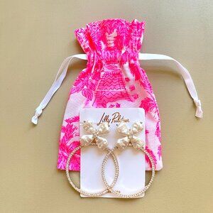 New Lilly Pulitzer Earrings Holiday Nights Pearl Flower Gold Pave Hoop Pouch